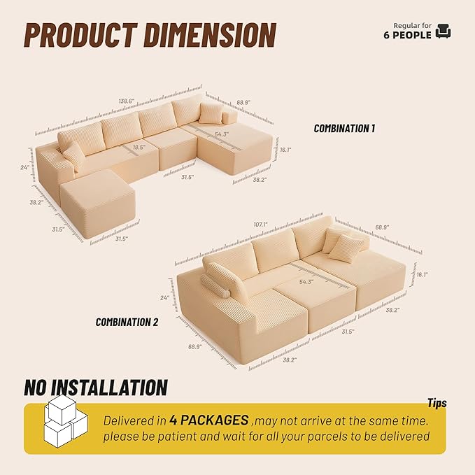 138" Boneless Couch with Deep Seat, Modular Sectional Sofa, Cloud Sectional Couch for Living Room, No Assembly Required, Corduroy, U-Shape 4 Seater Right, Camel