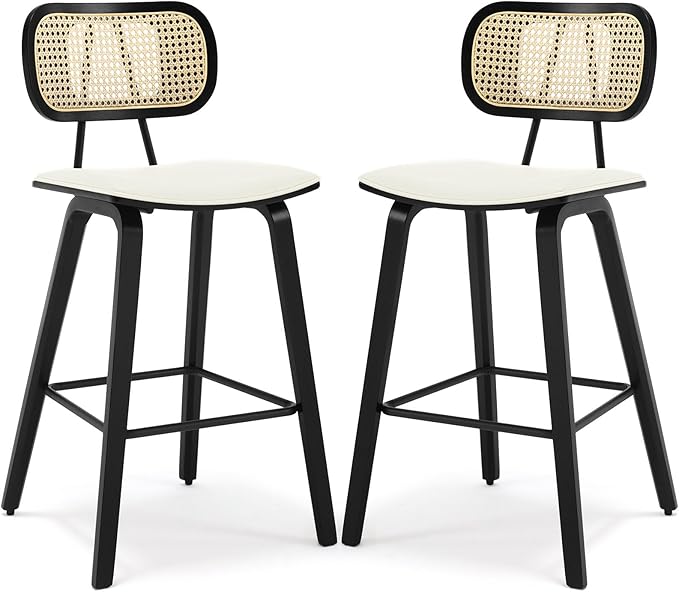Counter Height Bar Stools Set of 2, 26" PU Leather Upholstered Rattan Barstools, Mid Century Modern Bar Chairs with Black Wood Legs, Armless Walnut Kitchen Island Dining Bar Chair, White