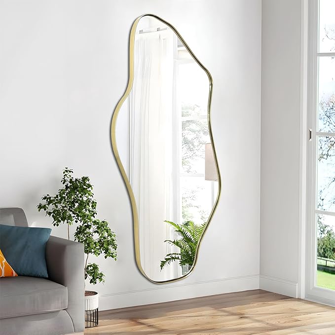Irregular Wall Mirror, 47.2"x21.5" Asymmetrical Mirror with Gold Metal Frame, Cloud Shaped Waved Decorative Mirrors for Living Room Bathroom Bedroom Hallway Entryway Fireplace