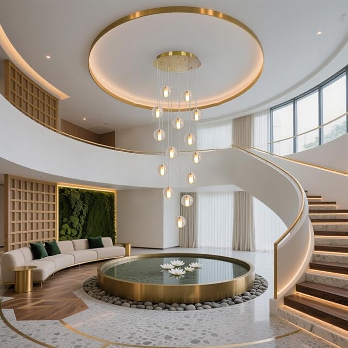 Gold 14 Lights Bubble Staircase Chandelier for High Ceiling, Dimmable Modern Crystal Raindrop Large Long Hanging Pendant Light for Stairwell Living Room Stair Foyer, Bulbs Included