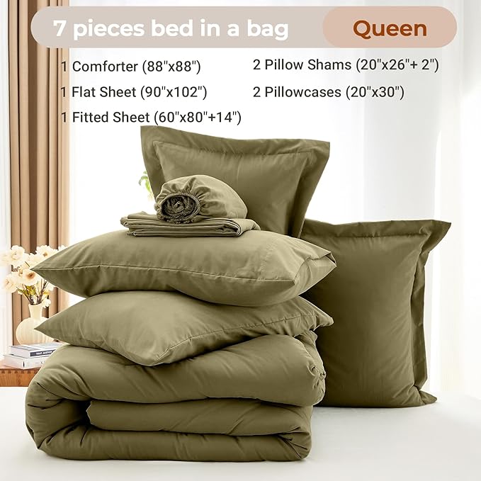 MUXHOMO 7 Pieces Queen Comforter Set, Soft Bed in a Bag Queen Size, All Season Bedding Set with Comforter, Flat Sheet, Fitted Sheet, Pillowcases & Shams, Olive Green