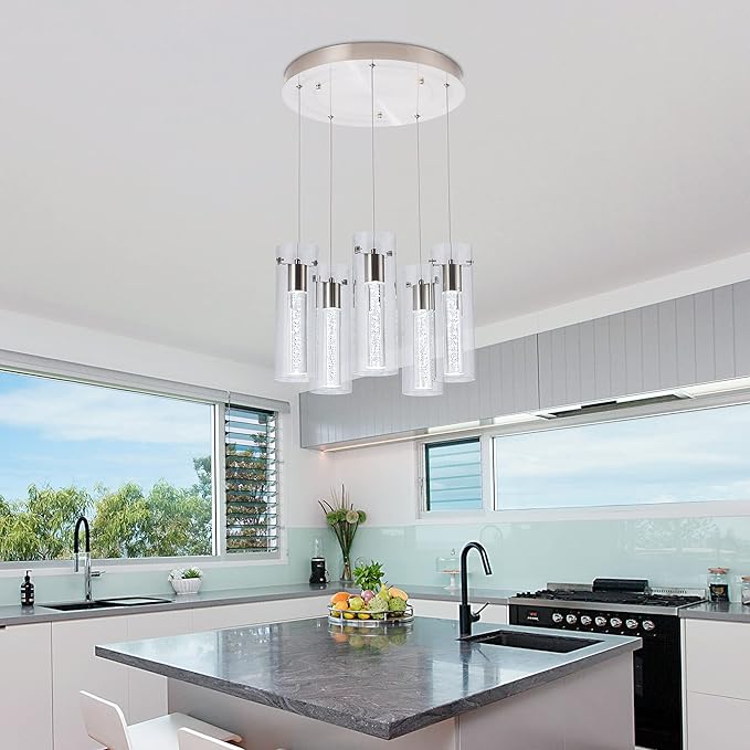 Pendant Lights Kitchen Island Kitchen Lights Modern Bubble Pendant Ceiling Light Fixture for, Dining Room, and Restaurant - 40W Integrated LED Hanging Light Dimmable. (5-Light)…