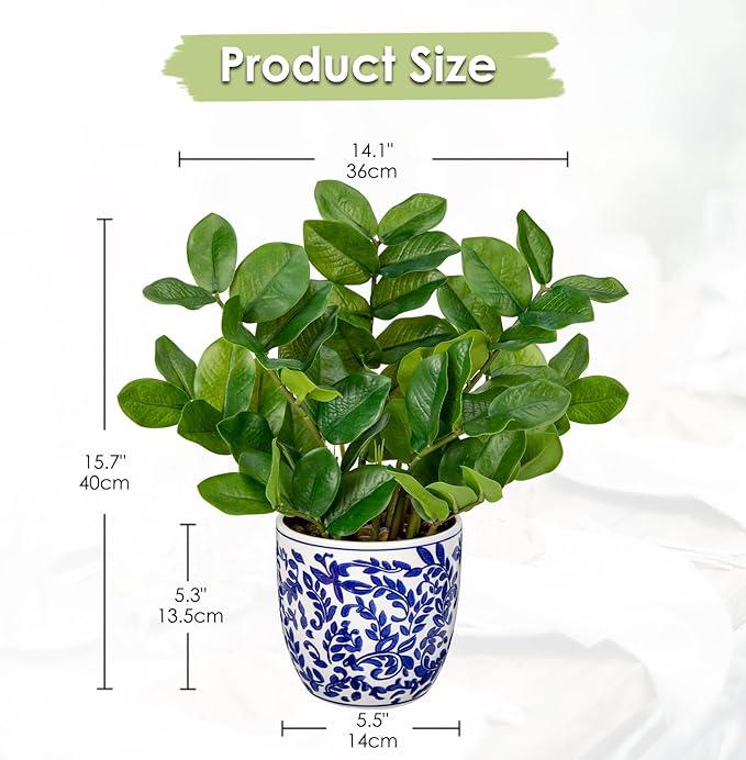 Briful Faux Plants Indoor 15.7in Fake ZZ Silk Plant in Blue and White Ceramic Pot Realistic Artificial Tropical Plant for Home Office Room Kitchen Shelf Decor