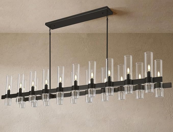 Modern Black Linear Chandelier for Dining Room, 68'' Rectangular Dining Chandeliers Over Dining Table 20 Light, Linear Chandelier Lighting Fixture with Glass over Kitchen Island, Includes Bulbs
