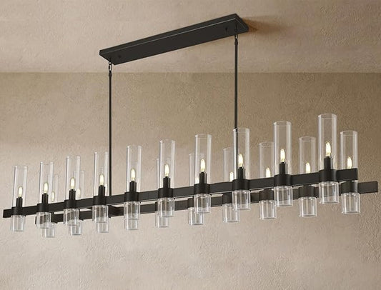 Modern Black Linear Chandelier for Dining Room, 68'' Rectangular Dining Chandeliers Over Dining Table 20 Light, Linear Chandelier Lighting Fixture with Glass over Kitchen Island, Includes Bulbs