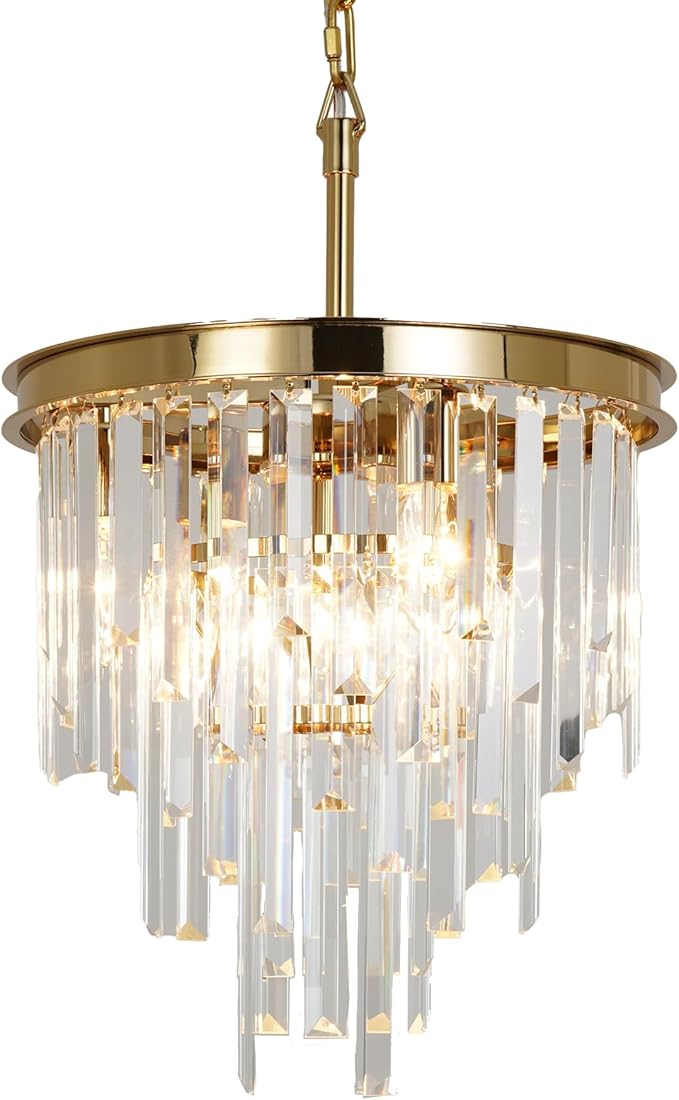 13.8'' Modern Crystal Chandelier, Gold Round Ceiling Light with Clear Prisms, Luxury Flush Mount Lighting Fixture for Dining Room Bedroom Foyer