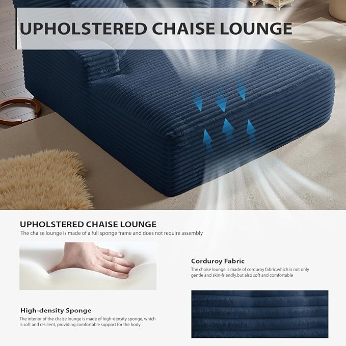 Oversized Chaise Lounge Chair Indoor, Corduroy Sofa Bed with Throw Pillows, Cozy Cloud Couch, Upholstered Sleeper Sofa Couch for Living Room, Bedroom, Apartment, Blue