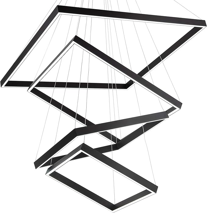 Square Led Chandelier Modern Hanging Light 4-Rings Contemporary Ceiling Pendant Light Dimmable Led Pendant Light for Living Room Kitchen Dining Room 15.7"+19.6"+23.6"+31.4" Black