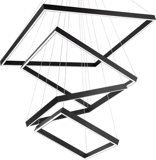 Square Led Chandelier Modern Hanging Light 4-Rings Contemporary Ceiling Pendant Light Dimmable Led Pendant Light for Living Room Kitchen Dining Room 15.7"+19.6"+23.6"+31.4" Black