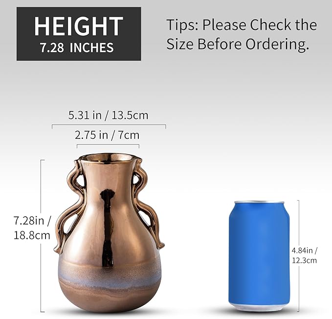 Gold Ceramic Vase with Handles, Brown Rustic Farmhouse Vintage Flower Vases Home Decor, Modern Amber Brown Tall Centerpiece Floral Small Vase for Living Room, Bedroom, Office Metal Glaze Finish 7.3 In