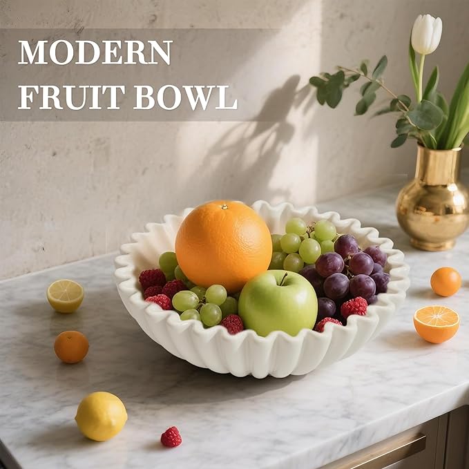 Large Decorative Bowl, White Ceramic Fruit Bowl for Kitchen Counter, Key Bowls for Entryway Table, Modern Coffee Table Home Decor, Scalloped Handmade Artwork White 9.6 inches