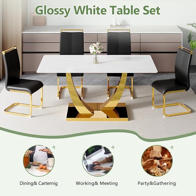 63” Dining Room Table Set for 4,Modern Gold Dining Table Set for 4, Rectangle Kitchen Table Set with Leather Chairs, White Faux Marble Dinner Table Set with Tempered Glass Top and Golden Base