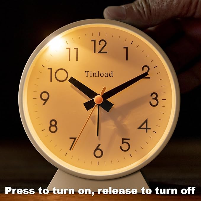 4.5" Battery Operated Antique Retro Analog Alarm Clock, Small Silent Bedside Desk Clock,Lighted on Demand, Battery Operated, Snooze, for Living Room, Bedroom, Bedside, Desk(Cream)