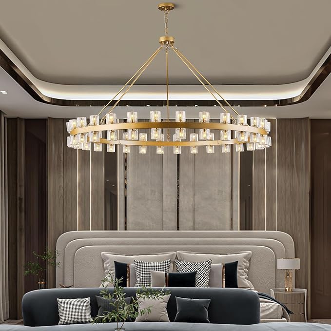 60 Inch Gold Wagon Wheel Chandelier with Crystal Shade, 60 Lights, Modern Farmhouse Style, Ideal for Dining Room, Kitchen, Entryways