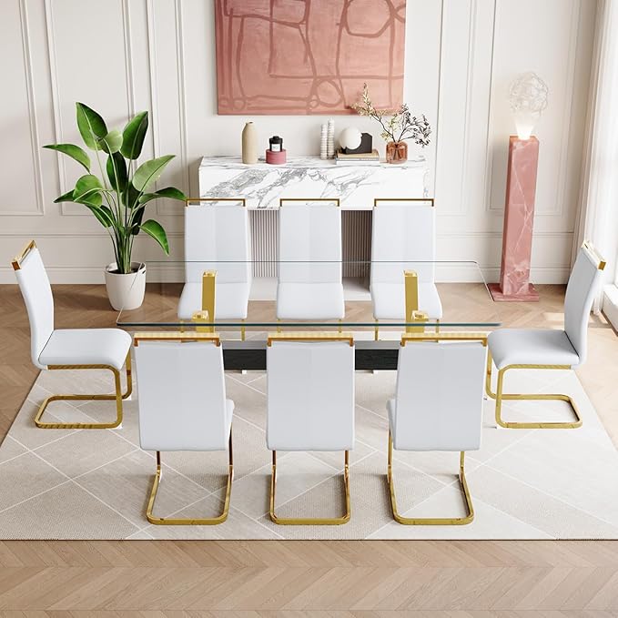9 Piece Glass Dining Table Set, Kitchen Table Chairs Set for 8, 71'' Dining Table with 0.4" Tempered Glass Tabletop with Plated Metal Legs and MDF Crossbar, 8 PU Chairs for Dining Room, Kitchen.