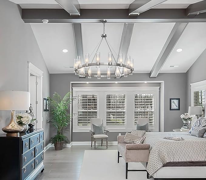 Modern Chandelier,Wagon 16-Lights Wheel Chandelier with Glass Shade, Nickel 48 Inch Large Round Industrial High Ceilings Pendant Lighting Fixture for Dining Room, Living Room, Foyer