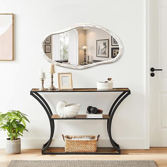 JJUUYOU Asymmetrical Mirror Modern Irregular 34"x22" Large Wall Mounted Mirror with Wooden Frame for Bathroom Bedroom Living Room Hallway Mirrors White