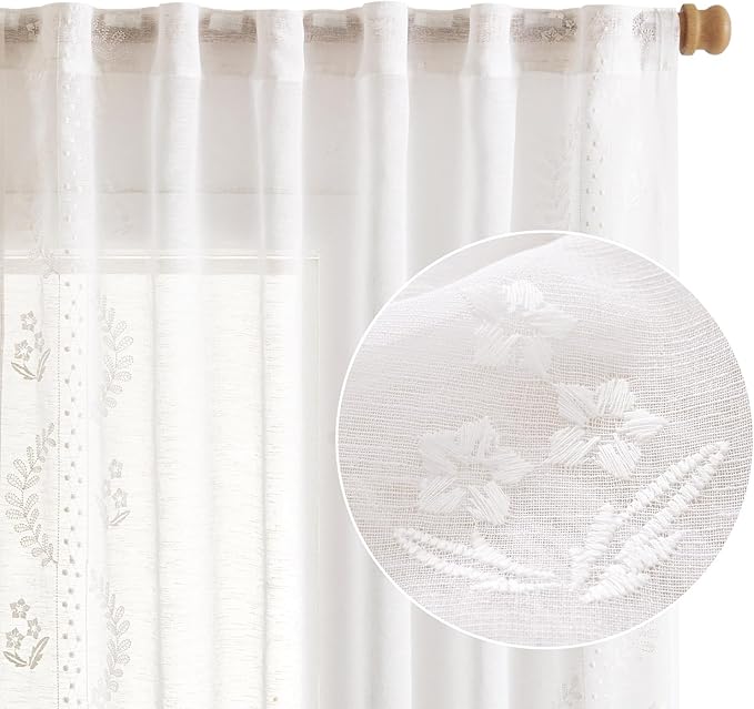 jinchan Belrose Linen Sheer Curtains for Living Room 96 Inch Length Sheer Voile Embroidered Floral Curtains for Bedroom Light Filtering Rod Pocket Window Treatments Farmhouse Decor 2 Panels White