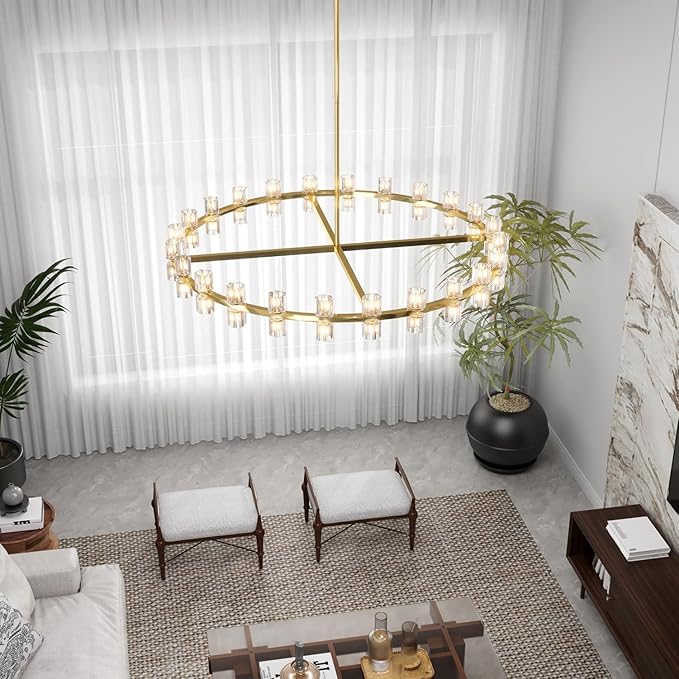 Dia 48inch Gold Chandelier,Large Wagon Wheel Chandelier,48-Lights Large Round Pendant Lighting Fixture for Dining Room,Living Room,Kitchen Island,Foyer