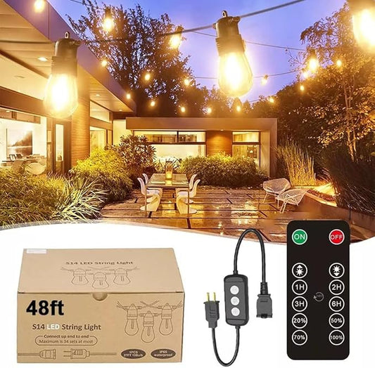 S14 LED Outdoor String Lights with Remote Control 48FT with Edison Vintage Shatterproof Bulbs and Weatherproof Lights for Balcony, Patio, Porch, Backyard (48FT 15LED w/Remote)