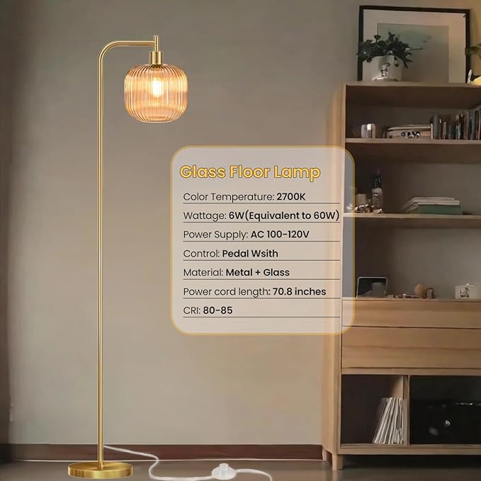 Glass Floor Lamp,67" Modern Standing Lamp with Amber Ribbed Glass Lampshade Metal Pole for Living Room, Bedroom, Office - Heavy Base,Pedal Switch(Include E26 Bulb)