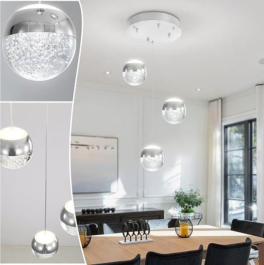 Modern Crystal Pendant Lighting Silver Globe Pendant Light Fixture, Mid Century Chandelier 3-Light Hanging Fixture for Kitchen Island,Globe Chandeliers for Dinning Room Bedroom