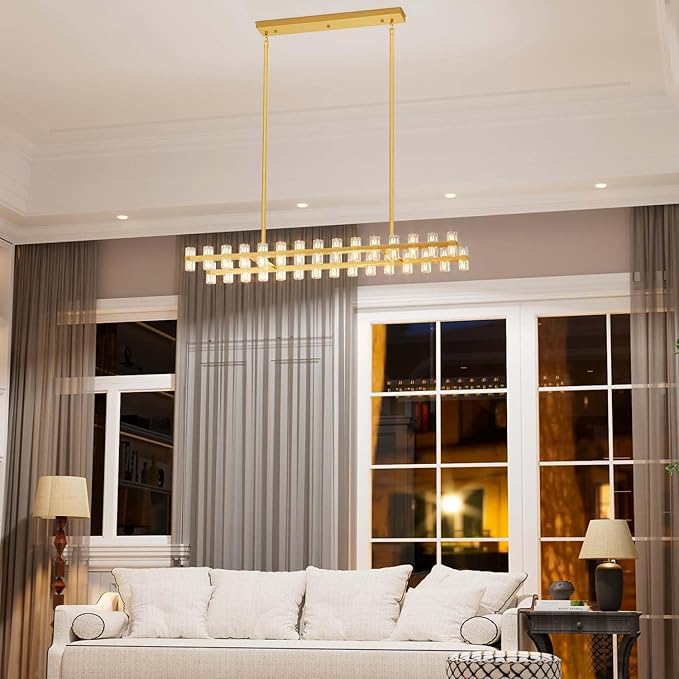 Gold Rectangular Crystal Chandelier Light Fixture 53.4 in Dining Room Chandelier Over Table Modern Farmhouse Ceiling Pendant Hanging Light Fixture for Living Room, Kitchen Island (Bulb not Included)