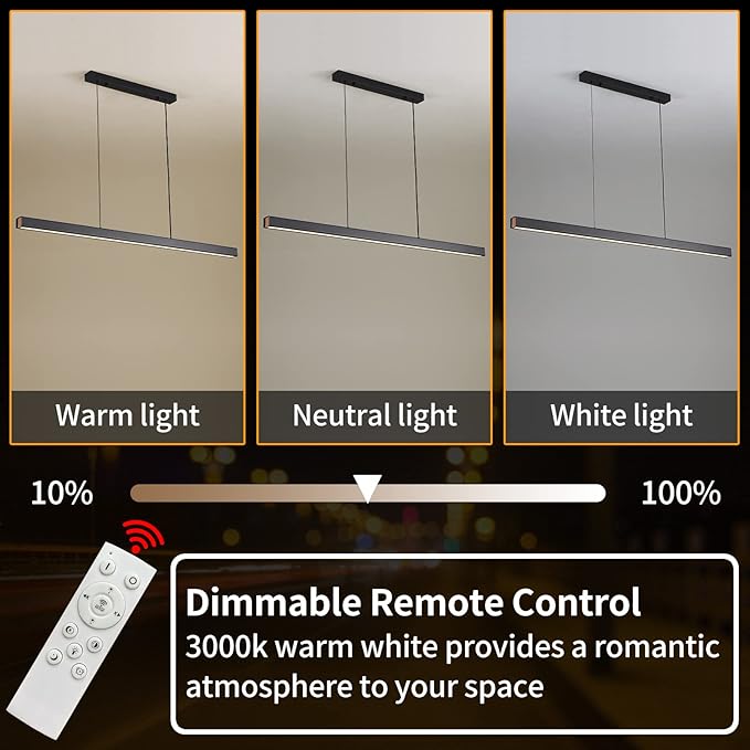 Linear Pendant Light Fixtures, 20W LED Island Lights with Remote, 39" Modern Pendant Light for Kitchen Island Dining Room Billiard Room Office Bar, 3000k-6000k Dimmable, Black