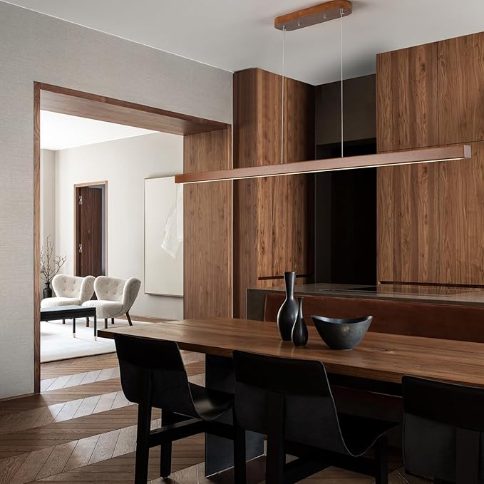 55 Inch Wood Linear Pendant Light Dimmable LED Kitchen Island Lighting with Remote Adjustable Hanging Chandelier for Dining Room Bar Pool Table 30W Modern Farmhouse Fixture Walnut Color