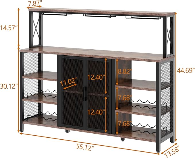 Bar Cabinet, 55 Inches Kitchen Sideboard Buffet Cabinet with Wine Rack Storage, Industry Coffee Bar Cabinet with Wine Rack and Glass Holder for Liquor and Glasses (Rustic)