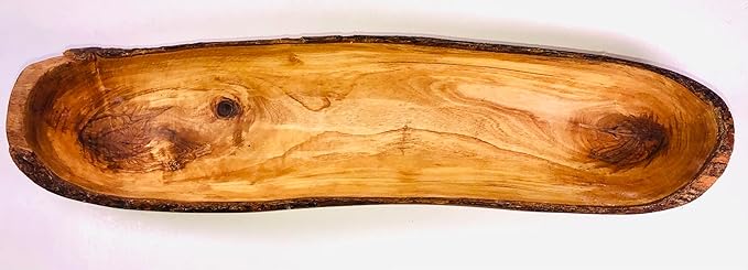 16-17" Rustic Olive Wood Bread Basket Dough Bowl- Live Bark Edge. Handmade Oval Decorative Bowl for French Bread. In 14, 16, 18". (16-17 x 3-4 x 2-3 in)