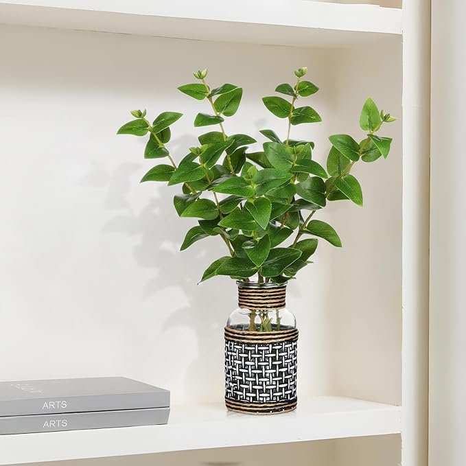 Artificial Eucalyptus Stems in Glass Vase with Faux Water, 14” Realistic Eucalyptus Leaves Fake Plant Branch Greenery Decoration for Home Farmhouse Bathroom Kitchen Wedding Centerpiece Table Décor