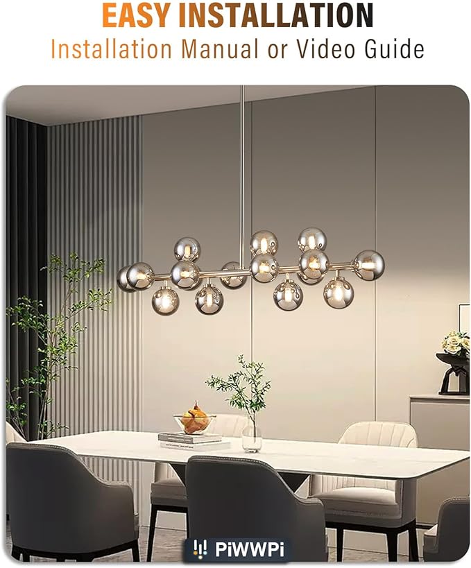 Glass Globe Sputnik Chandelier, 16-Light Mid Century Modern Light Fixture Over Table, Linear Chandeliers for Dining Room, Kitchen Island, Nickel and Smoke Grey Bubble, 40 Inch, GC-02