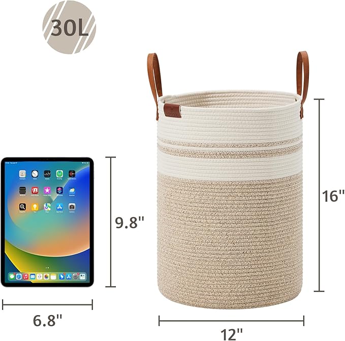 VIPOSCO Small Laundry Basket, Slim Baby Hamper with Leather Handle, Cute Woven Rope Storage Basket for Blanket, Kids Toy, Clothes In Living Room, Bathroom, Bedroom, Nursery Room - 30L Brown & White
