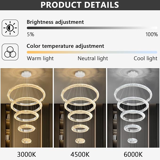 5 Ring Large Crystal Chandelier Modern LED Dimmable High Ceiling Chandelier Ring Contemporary Pendant Light Fixture for Living Room Foyer Staircase Gold D40''