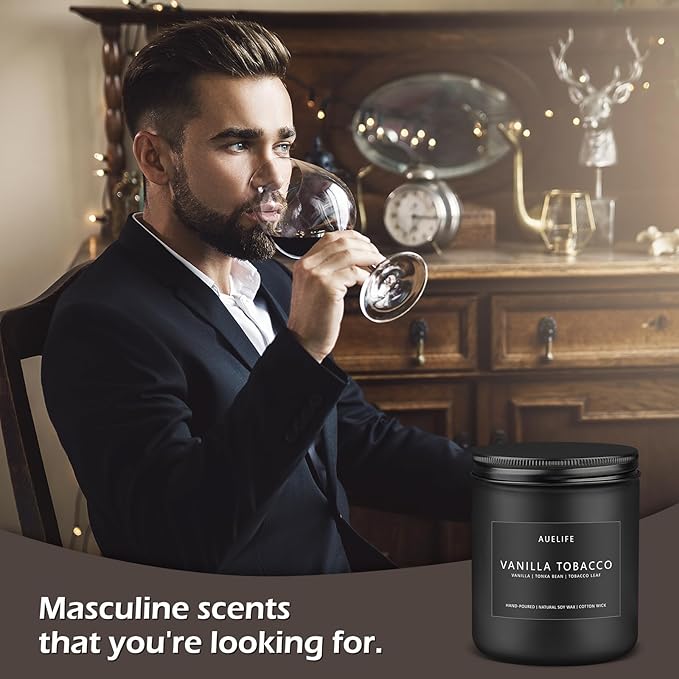 Vanilla Tobacco Candle for Men | Masculine Scented Soy Candles - Home Fragrance, Aromatherapy Gifts for Men - 7oz Black Jar, Long-Lasting Luxury Decor