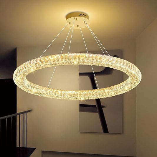 Modern Gold Crystal Chandelier Dimmable LED 47.5" Ring Pendant Light Adjustable Round Crystal Chandelier Light Fixtures for Dining Room Living Room