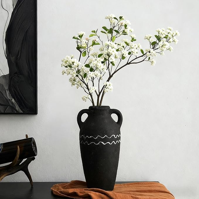 Large Black Ceramic Vase, 12.4" H Farmhouse Rustic Decorative Vase Table Centerpiece, Pottery Terracotta Tall Vases Living Room Bathroom Weddings Decorations