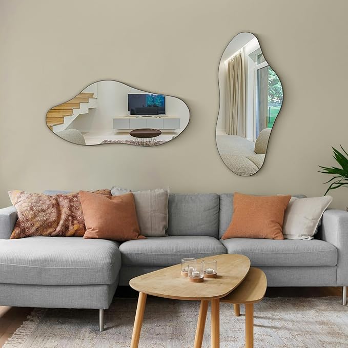 Irregular Wall Mirror, 38.5" x 17.7" Black Bathroom Mirror, Iron Framed Asymmetrical Mirror, Hanging Mirrors for Walls Make up Dressing Mirrors for Bedroom/Hallway/Livingroom Decor