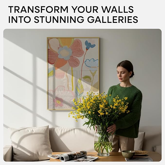 Homeforia 20x28 Picture Frame Gold, High End Metal 20 x 28 Poster Frames with Mat 14 by 22 Photo, 20x28 Gold Frame Matted to 14x22 Print, 28x20 Large Hanging Frames, Tempered Glass, Wall Kit, Set of 3