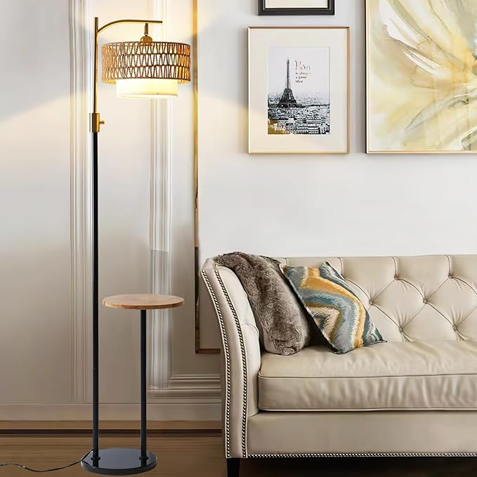 Dimmable Floor Lamp with Table and Marble Base, Arc Floor Lamp with Dimmable Bulb, Boho Farmhouse Standing lamp with Fabric & Rattan Lampshades for Living Room Bedroom (Black and Gold)