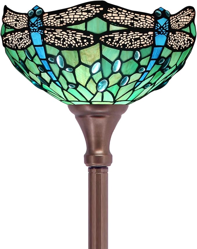 Tiffany Floor Lamp Torchiere Stained Glass Torch Lamp 12X12X67 Inch Antique Standing Corner Light (Green Dragonfly)