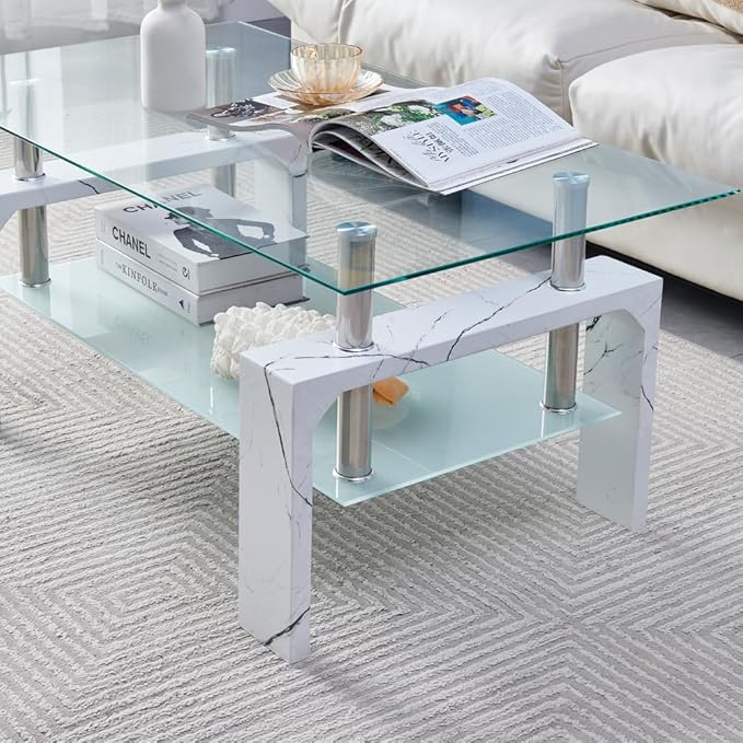 Living Room Rectangle Coffee Table, Tea Table Suitable for Waiting Room, Modern Side Coffee Table with Wooden Leg, Glass Tabletop with Lower Shelf, Marble