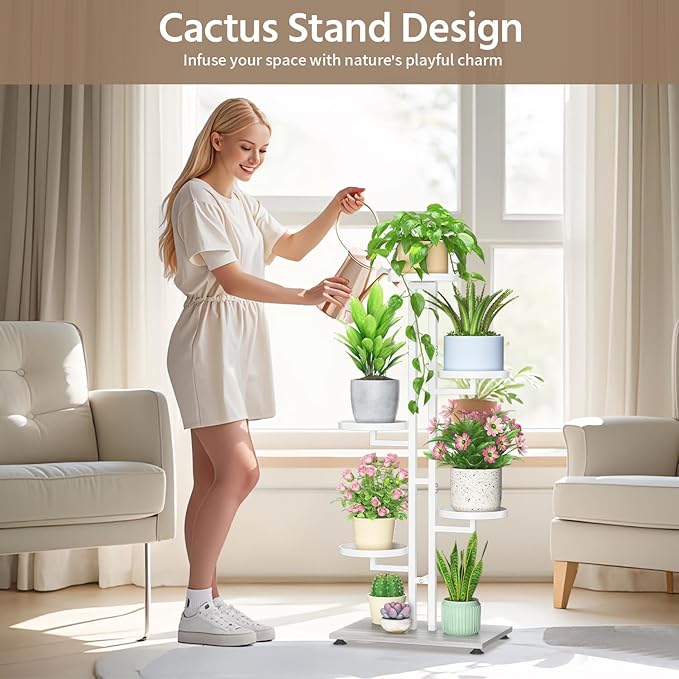 LASZOLA White 5 Tiered Plant Stand Indoors Heavy Duty Metal Rack, Sturdy Multi Level Shleving Hold Flowers, Larger House Decorate Ladder for Planting Inside Tree Herb Cactus, Wooden Base, Space Saving