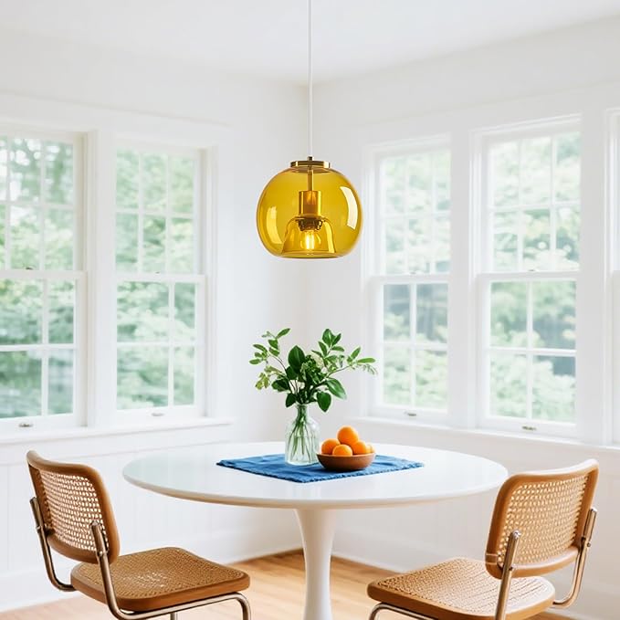 Yellow Glass Pendant Lights Kitchen Island Gold Hanging Light Fixture Glass Globe Pendant Light Modern Pendant Lighting for Kitchen Island Bedroom Dining Room (7.87", 3 Pack)