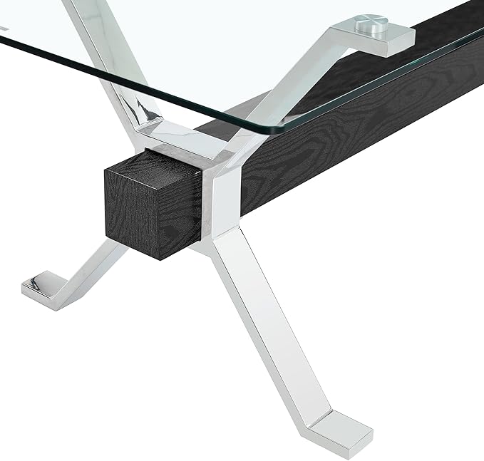 79" Glass Dining Table, Modern Kitchen Table, Modern Dining Table Set for 6, 0.5" Thick Tempered Glass Tabletop with Silver Chrome Metal Legs and Black Crossbar, Ideal for Dining Room, Kitchen