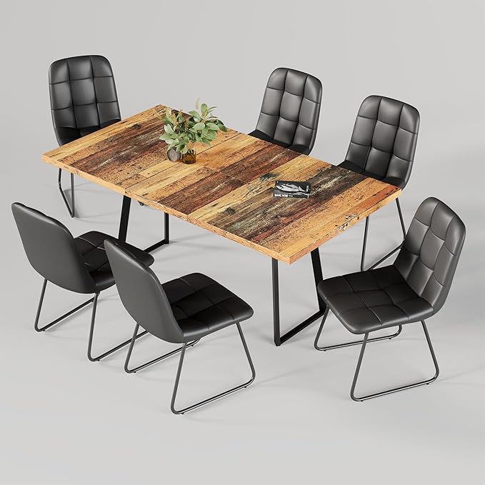 ZckyCine Extendable Dining Table Set 47"-63", Rustic Wood Table with 6 PU Leather Chairs, Modern Scandinavian Dining Room Furniture for Kitchen Apartment