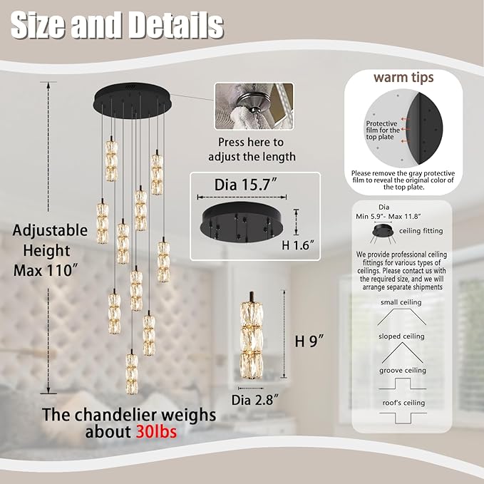 Modern Chandelier 10-Lights Black Chandelier Lighting Fixture High Ceiling Chandelier Suitable for Living Room Staircase Villa, TP3030-10H