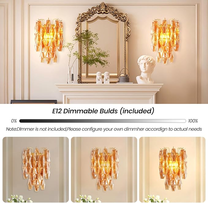 Brass Wall Sconce, 2-Light Amber Glass Sconce Wall Lighting, Gold Wall Light Vanity Light for Bathroom, Wall Lamp for Living Room, Bedroom,Vanity, Stairs, Hallway, Farmhouse