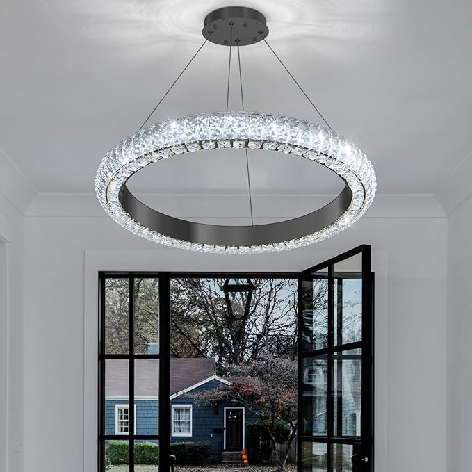 24" Ring Modern LED Dimmable Crystal Chandelier Adjustable Height Pendant Light Round Crystal Chandelier Light Fixtures for Dining Room Living Room Kitchen Island Black